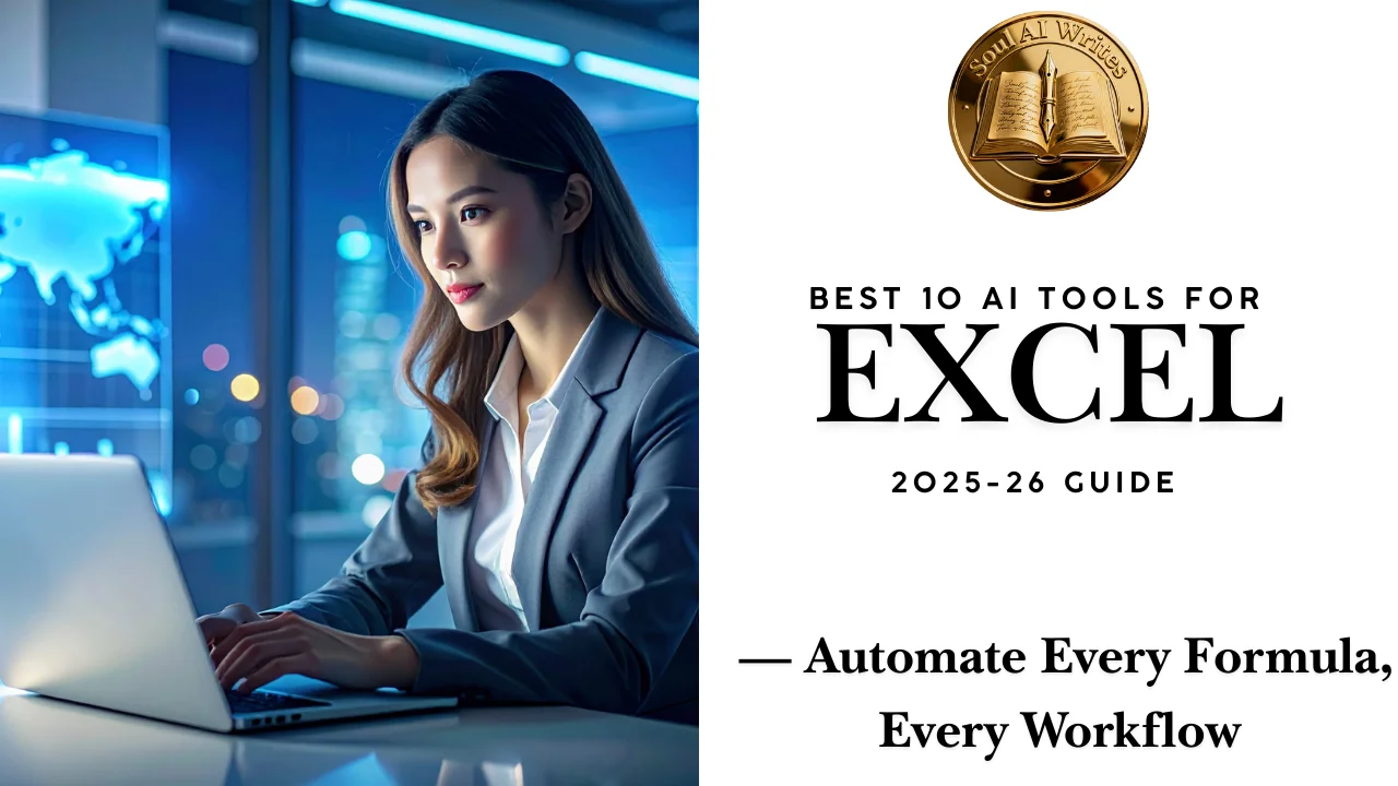 SoulAI Writes featured banner for Best 10 AI Tools for Excel 2026 Guide: Automate Every Formula, Every Workflow with official gold medallion.