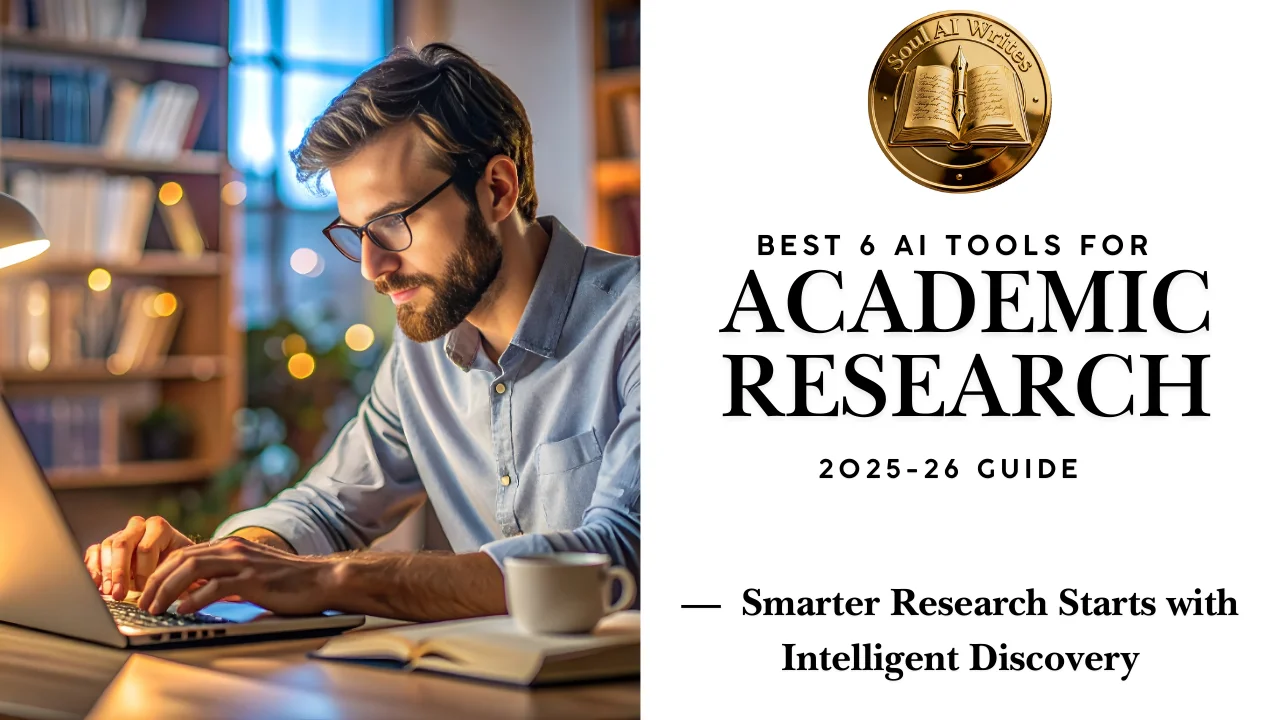 SoulAI Writes featured banner for Best 6 AI Tools for Academic Research 2025-26 Guide: Smarter Research Starts with Intelligent Discovery with official gold medallion.