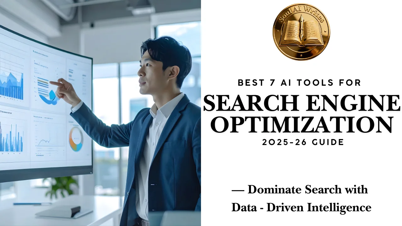 SoulAI Writes featured banner for Best 7 AI Tools for Search Engine Optimization 2025-26 Guide with official gold medallion logo.