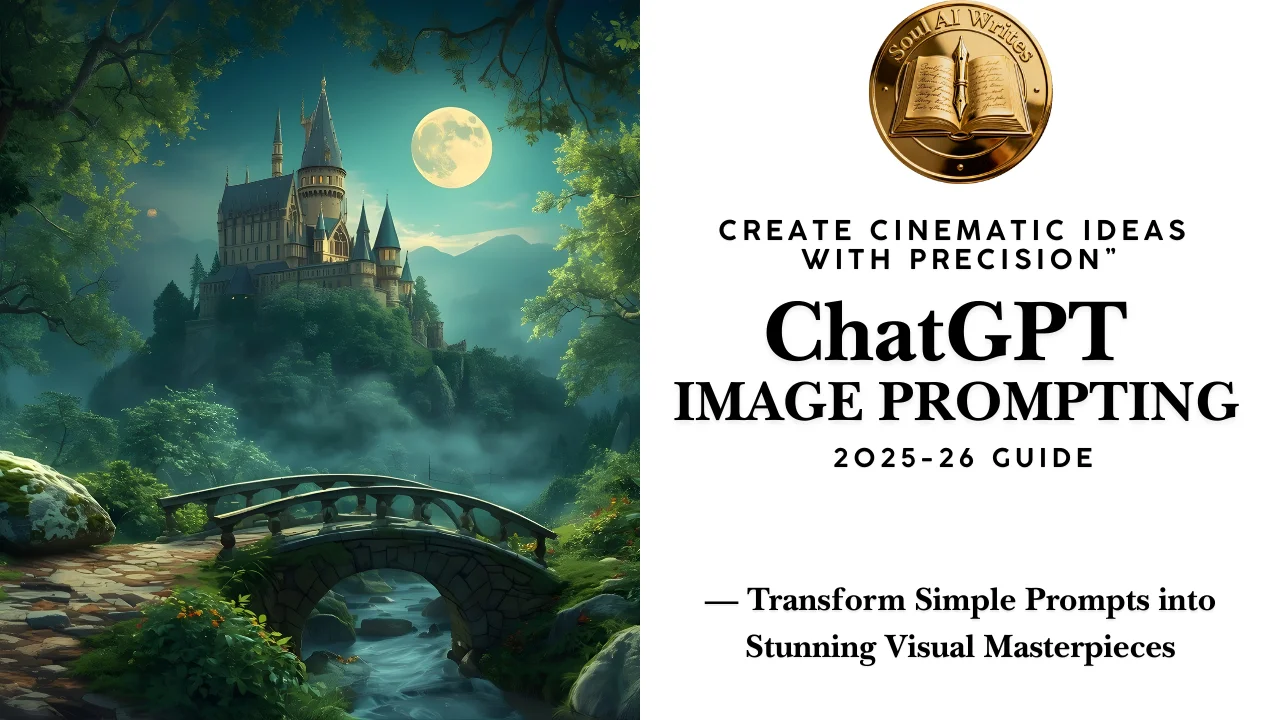 SoulAI Writes featured banner for ChatGPT Image Prompting Guide 2025-26: Create Cinematic Ideas with Precision with official gold medallion logo.