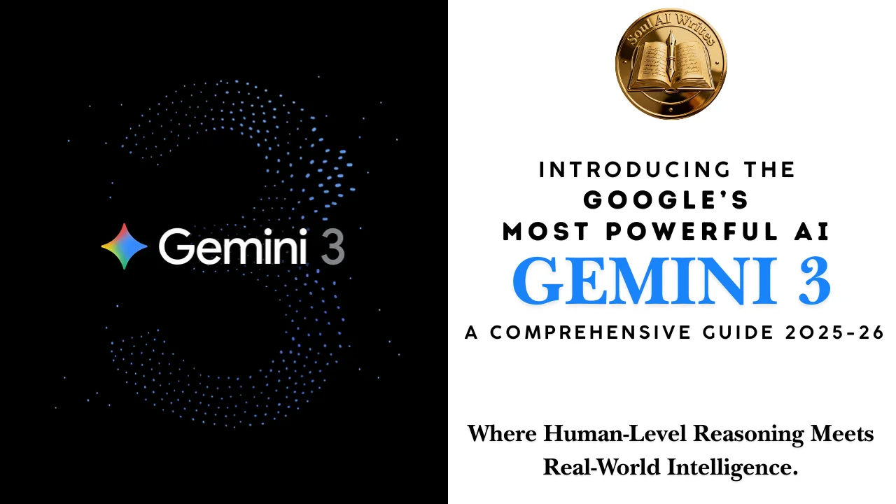SoulAI Writes featured banner for Gemini 3 AI review: A Comprehensive Guide 2025-26 with official gold medallion logo.