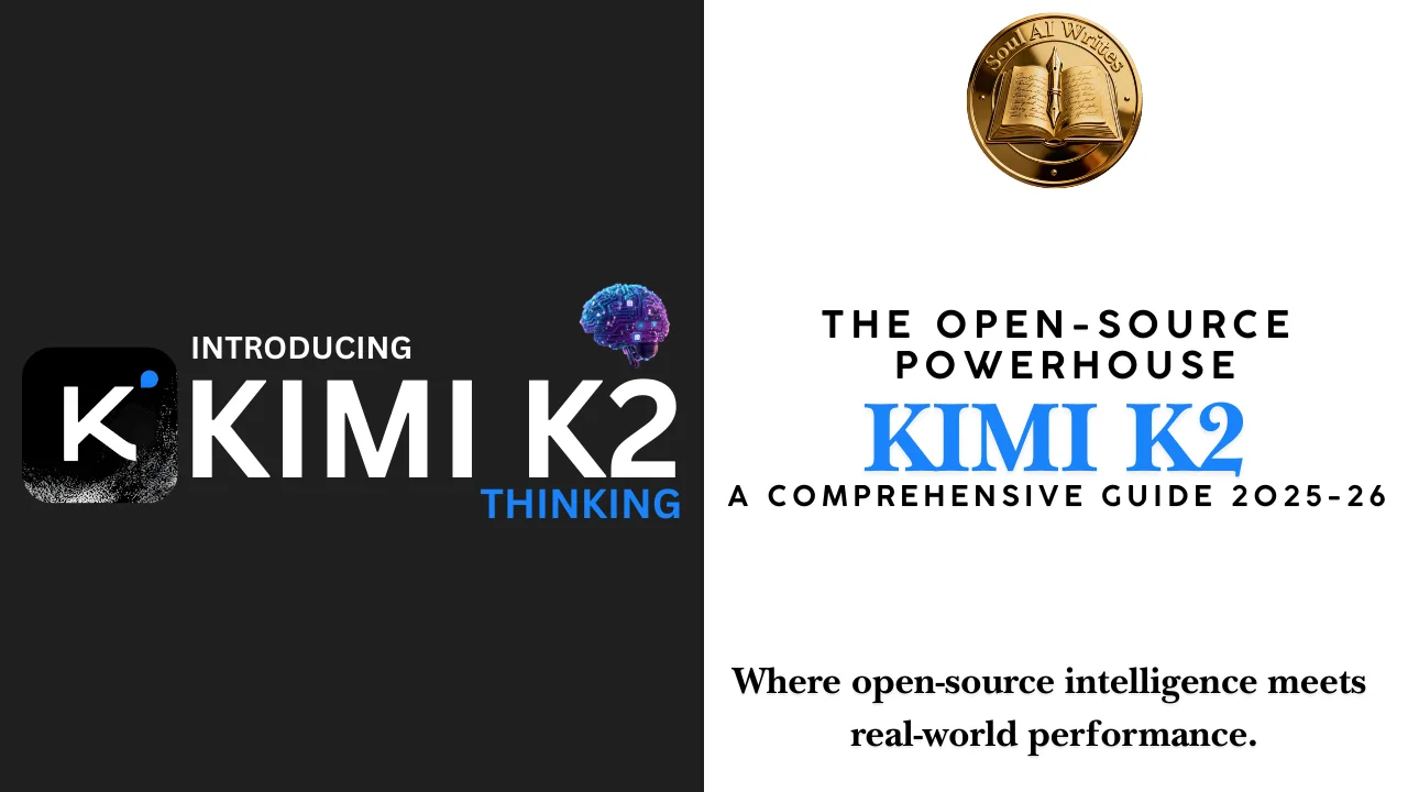 SoulAI Writes featured banner for Kimi K2 AI review: The Open-Source Powerhouse Redefining Value 2025-26 Guide with official gold medallion logo.