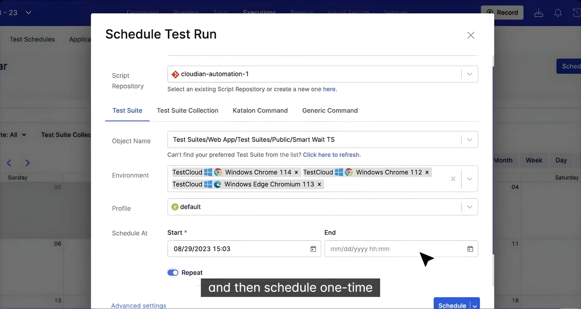Katalon Studio execution dashboard showing the test scheduling interface for top test automation tools 2026 review.
