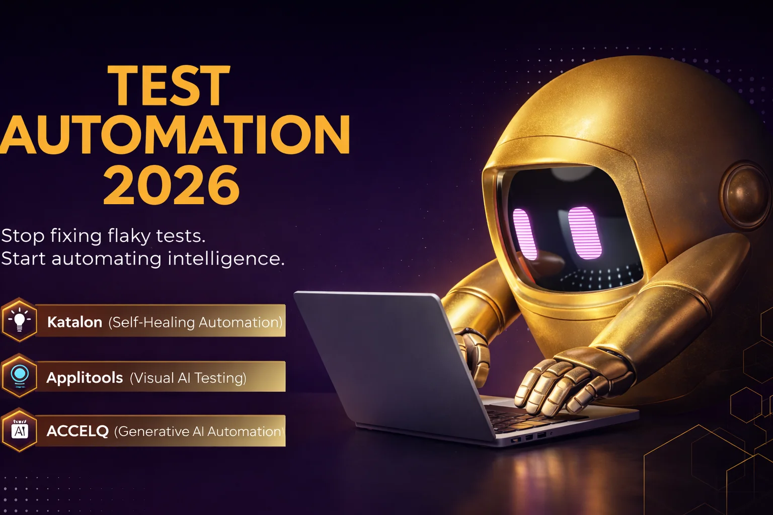 Official 3D visualization of the Test Automation 2026 landscape featuring the three core AI pillars: Self-healing, Visual AI, and Generative AI.