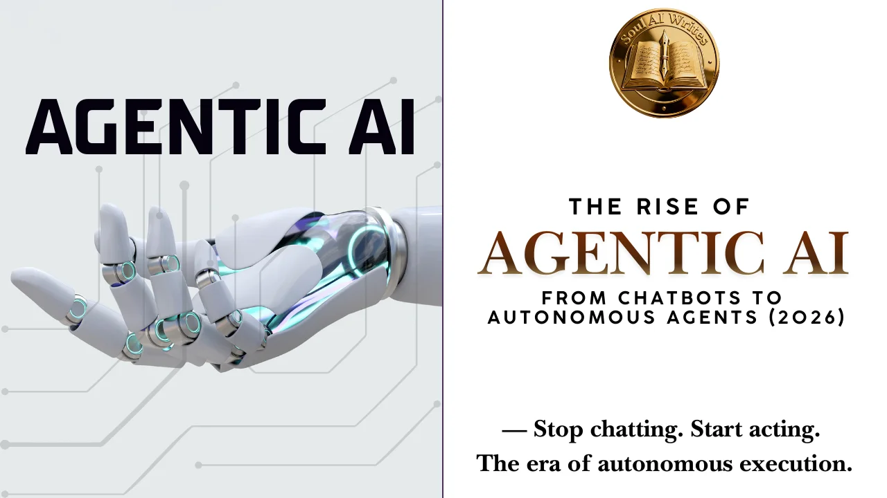 SoulAI Writes featured banner for The Rise of Agentic AI: From Chatbots to Autonomous Agents 2026 with official gold medallion logo.