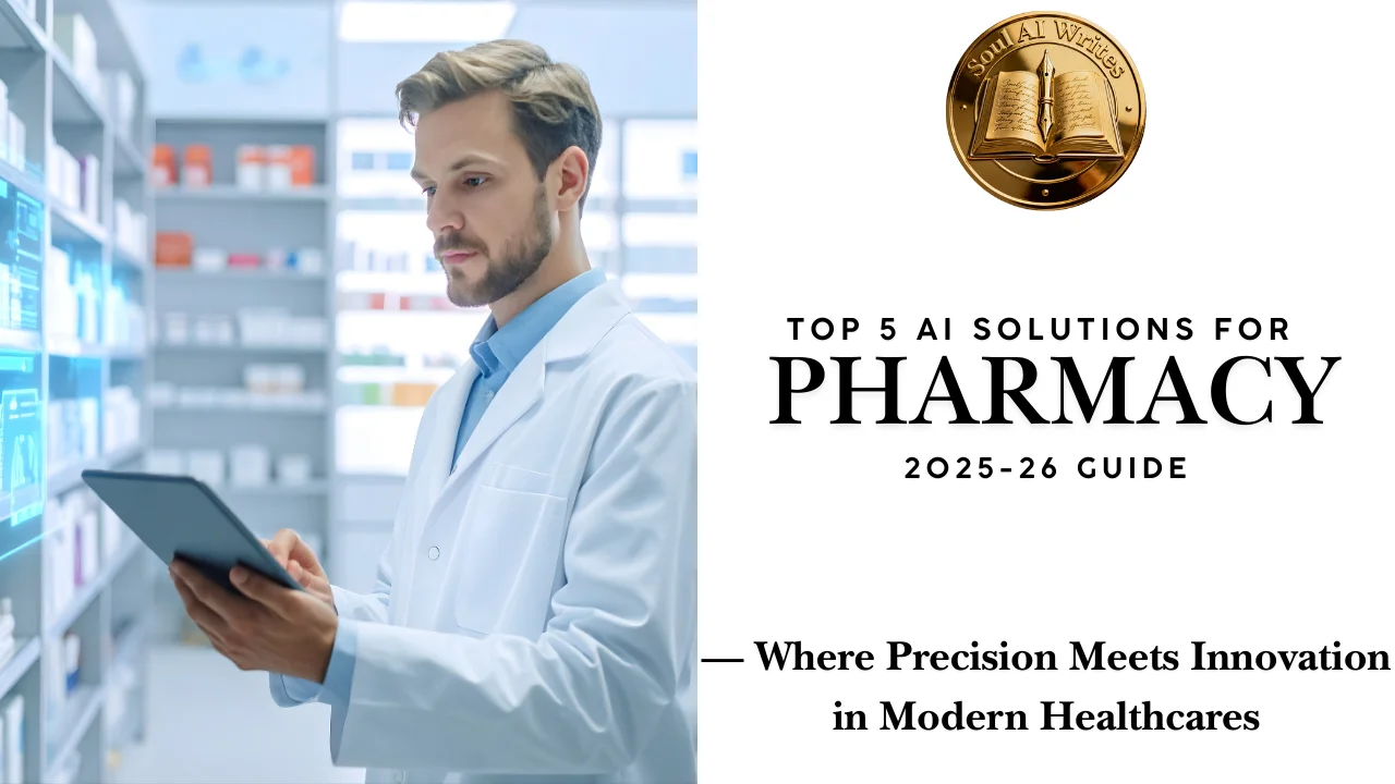 SoulAI Writes featured banner for Top 5 AI Solutions for Pharmacy 2025-26 Guide: Where Precision Meets Innovation with official gold medallion.
