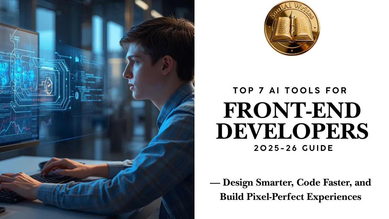 SoulAI Writes featured banner for Top 7 AI Tools for Front-End Developers 2025-26 Guide: Design Smarter, Code Faster with official gold medallion logo.