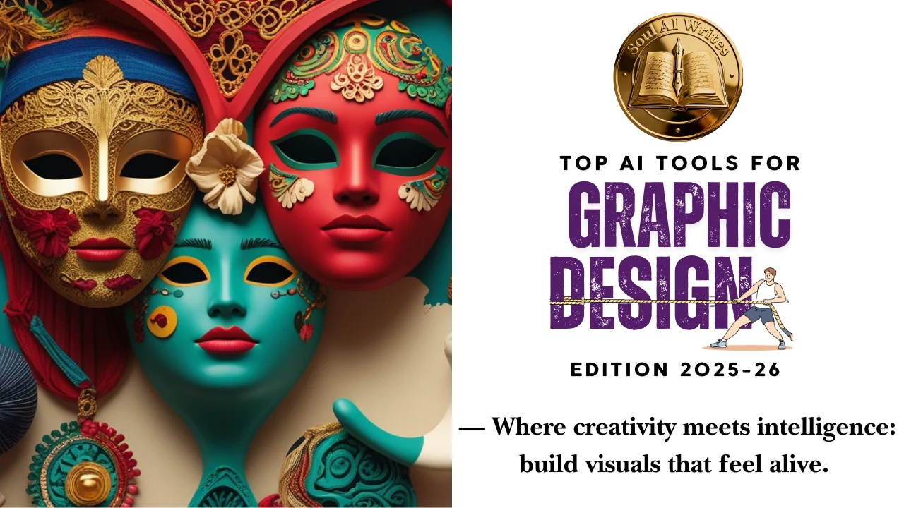 SoulAI Writes featured banner for Top AI Tools for Graphic Design Edition 2025-26 with official gold medallion logo.