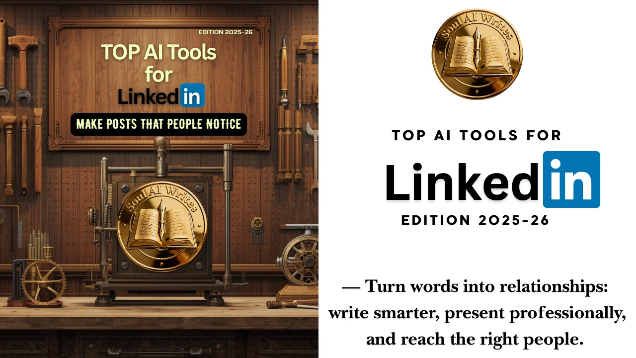 SoulAI Writes featured banner for Top AI Tools for LinkedIn Edition 2025-26: Create Impact and Build Authority with official gold medallion logo.
