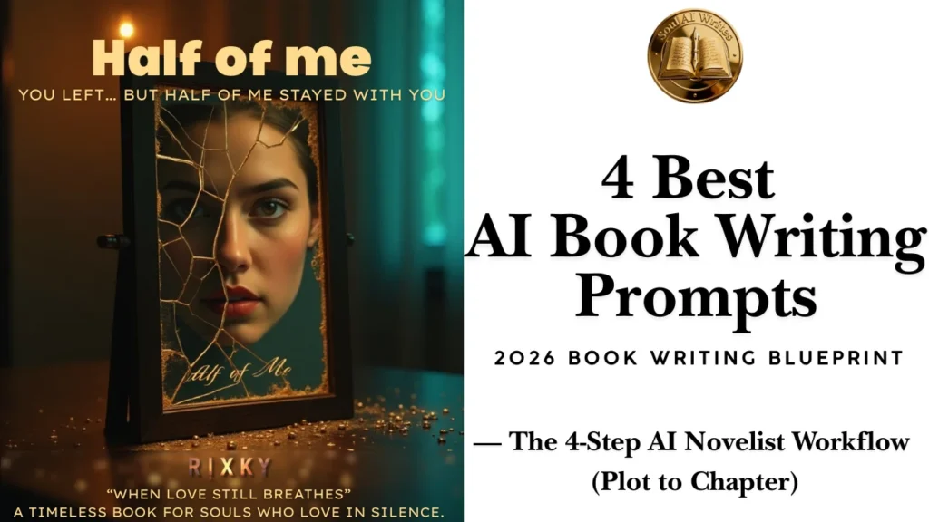 Featured banner for SoulAI Writes displaying a real-world romantic novel concept titled "Half of me" alongside the main headline "4 Best AI Book Writing Prompts - 2026 Book Writing Blueprint."
