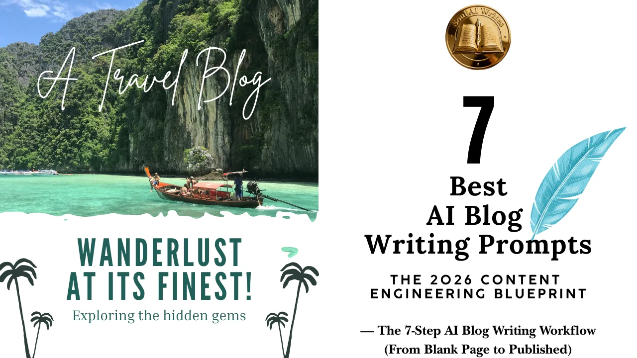 Featured banner for SoulAI Writes displaying a real-world "Travel Blog" case study alongside the title "7 Best AI Blog Writing Prompts - The 2026 Content Engineering Blueprint."
