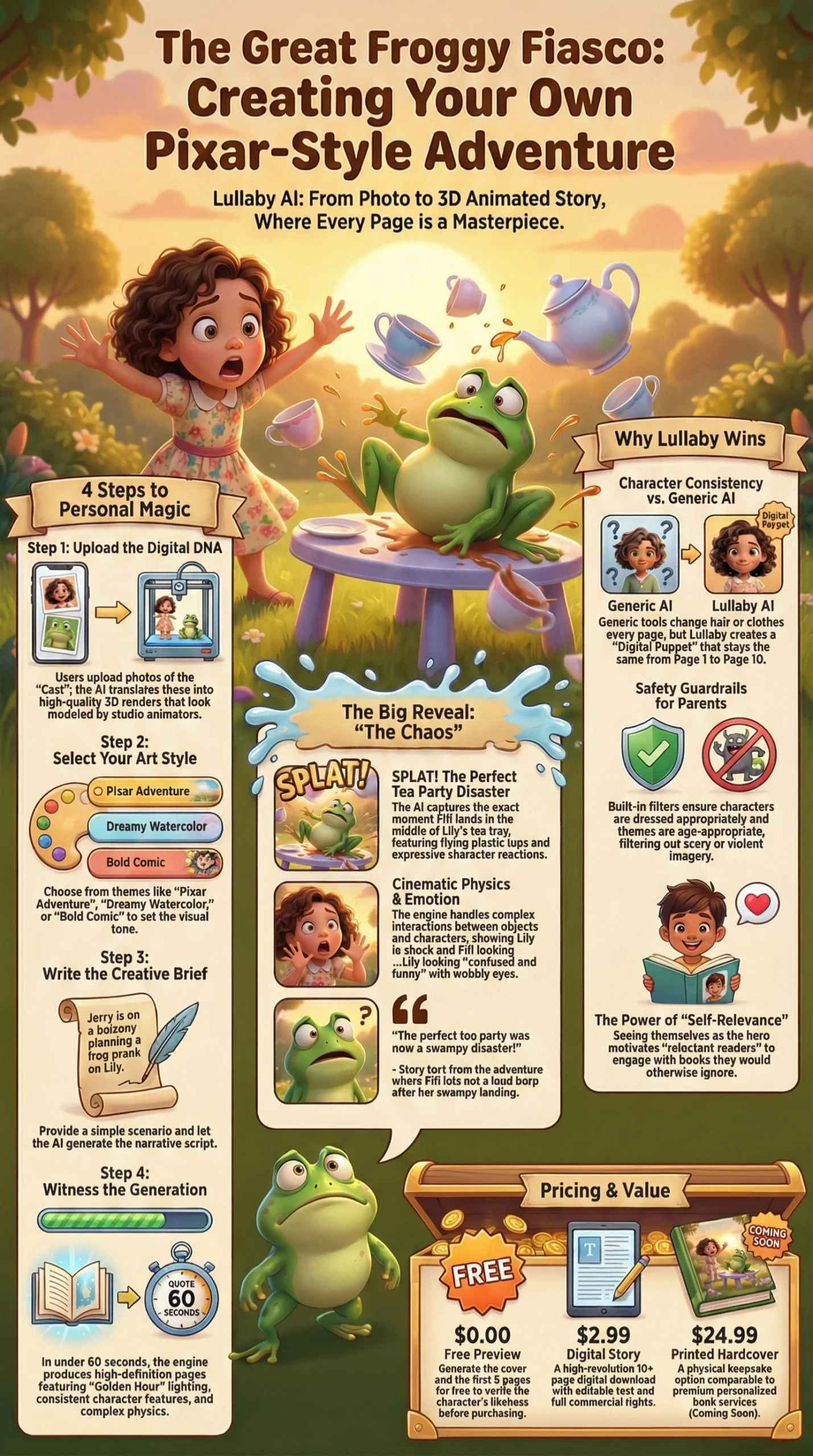 Vertical infographic titled "The Great Froggy Fiasco: Creating Your Own Pixar-Style Adventure." Features a central 3D illustration of a green frog crashing a tea party. Left column details "4 Steps to Personal Magic" (Upload DNA, Select Style, Write Brief, Generate). Right column explains "Why Lullaby Wins" (Consistency vs Generic AI). Bottom section breaks down pricing: Free Preview, $2.99 Digital Story, and $24.99 Hardcover.
