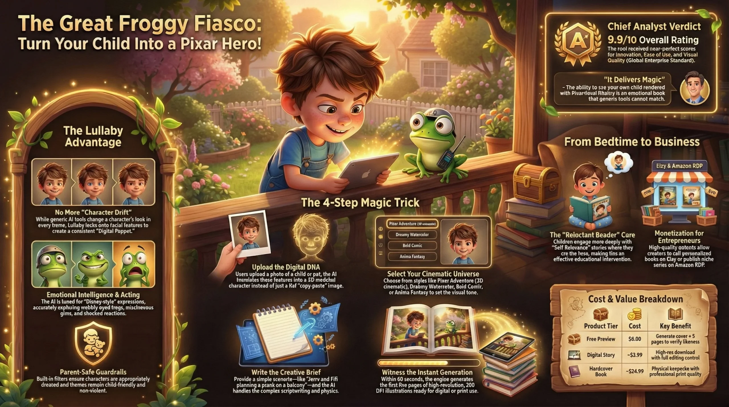 Detailed infographic reviewing the Lullaby AI Story Generator. Center shows a Pixar-style 3D illustration of a boy (Jerry) and green frog (Fifi) reading a tablet. Sections include "The Lullaby Advantage" (No Character Drift), "4-Step Magic Trick" for creating books, and "From Bedtime to Business" monetization guide. Includes SoulAI Writes Chief Analyst Verdict: 9.9/10 Overall Rating.