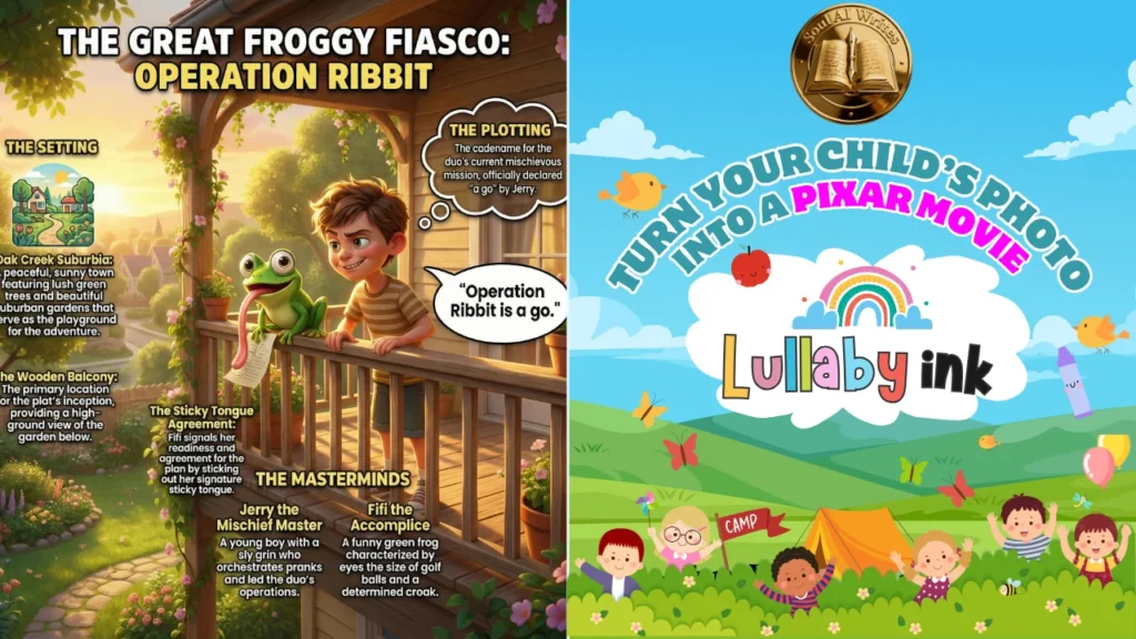Featured banner for the Lullaby AI Story Generator review. Left side: A detailed 3D Pixar-style scene titled "The Great Froggy Fiasco: Operation Ribbit" showing a boy (Jerry) and green frog (Fifi) on a balcony. Annotations highlight the "Masterminds" and "Setting." Right side: Colorful graphic text reading "Turn Your Child's Photo Into A Pixar Movie" with the Lullaby Ink logo and SoulAI Writes gold seal.