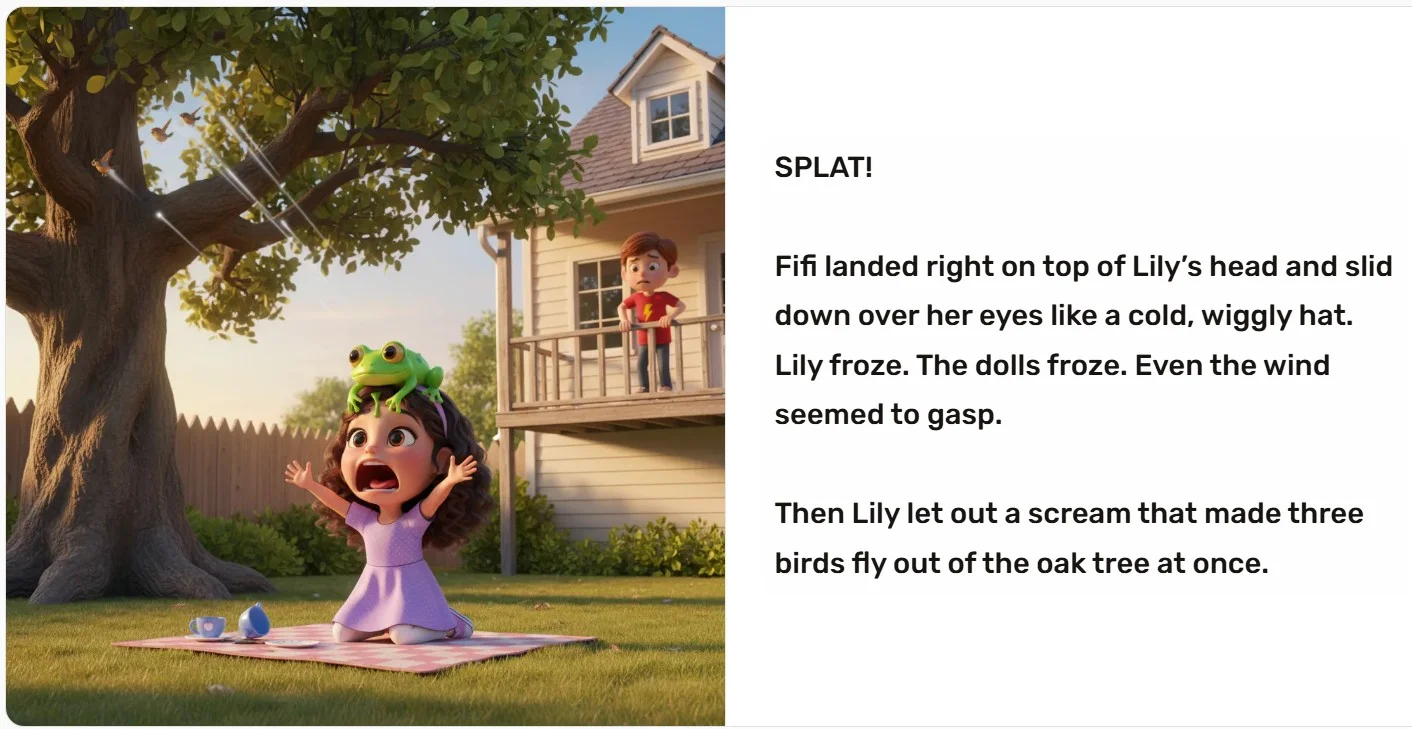 Action scene from Lullaby AI storybook showing a frog landing on a girl's head at a tea party. Demonstrates the AI's ability to handle complex physics (flying cups), motion blur, and extreme facial expressions (shock/surprise) without distortion.
