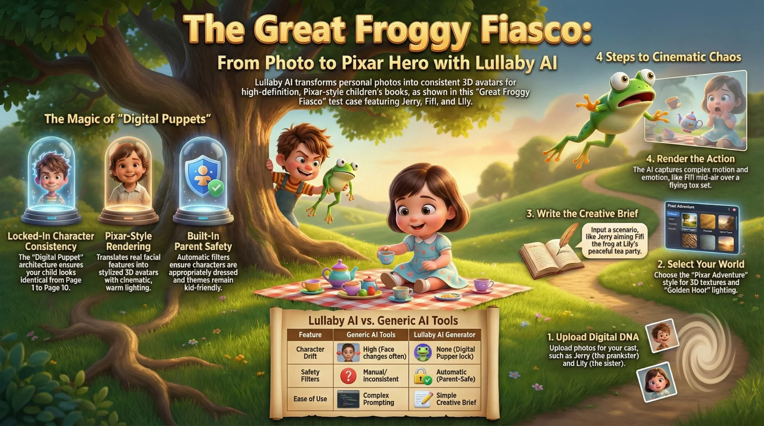 Infographic titled "The Great Froggy Fiasco" comparing Lullaby AI to generic tools. Shows the 4-step creation process using the "Jerry & Fifi" story example. Features a comparison table highlighting Lullaby's "Digital Puppet" technology for character consistency versus generic AI character drift. Includes Pixar-style 3D illustrations of a boy, girl, and frog.