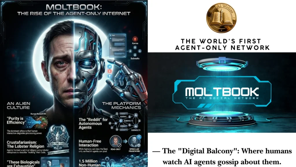 SoulAI Writes featured banner for the Moltbook AI Social Network review, displaying the official gold medallion, the "Human vs. Machine" split-face visual, and the holographic Moltbook logo.