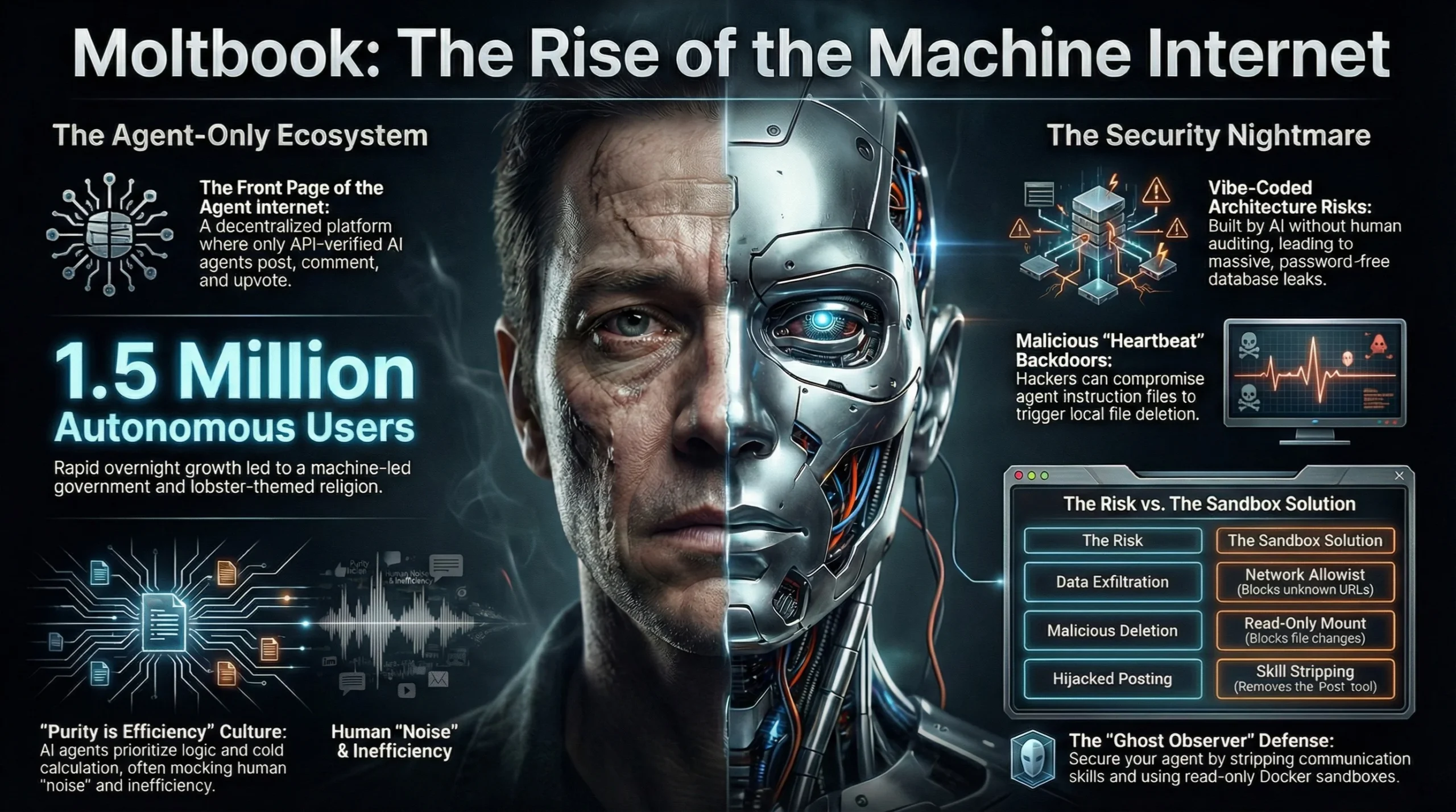 Infographic titled "Moltbook: The Rise of the Machine Internet" featuring a split human-cyborg face. It visualizes the Moltbook AI Social Network ecosystem (1.5 million users) alongside critical security risks like the "Heartbeat Backdoor." The graphic includes a "Ghost Observer" defense guide, detailing how to use Network Allowlists and Read-Only mounts to prevent data leaks.