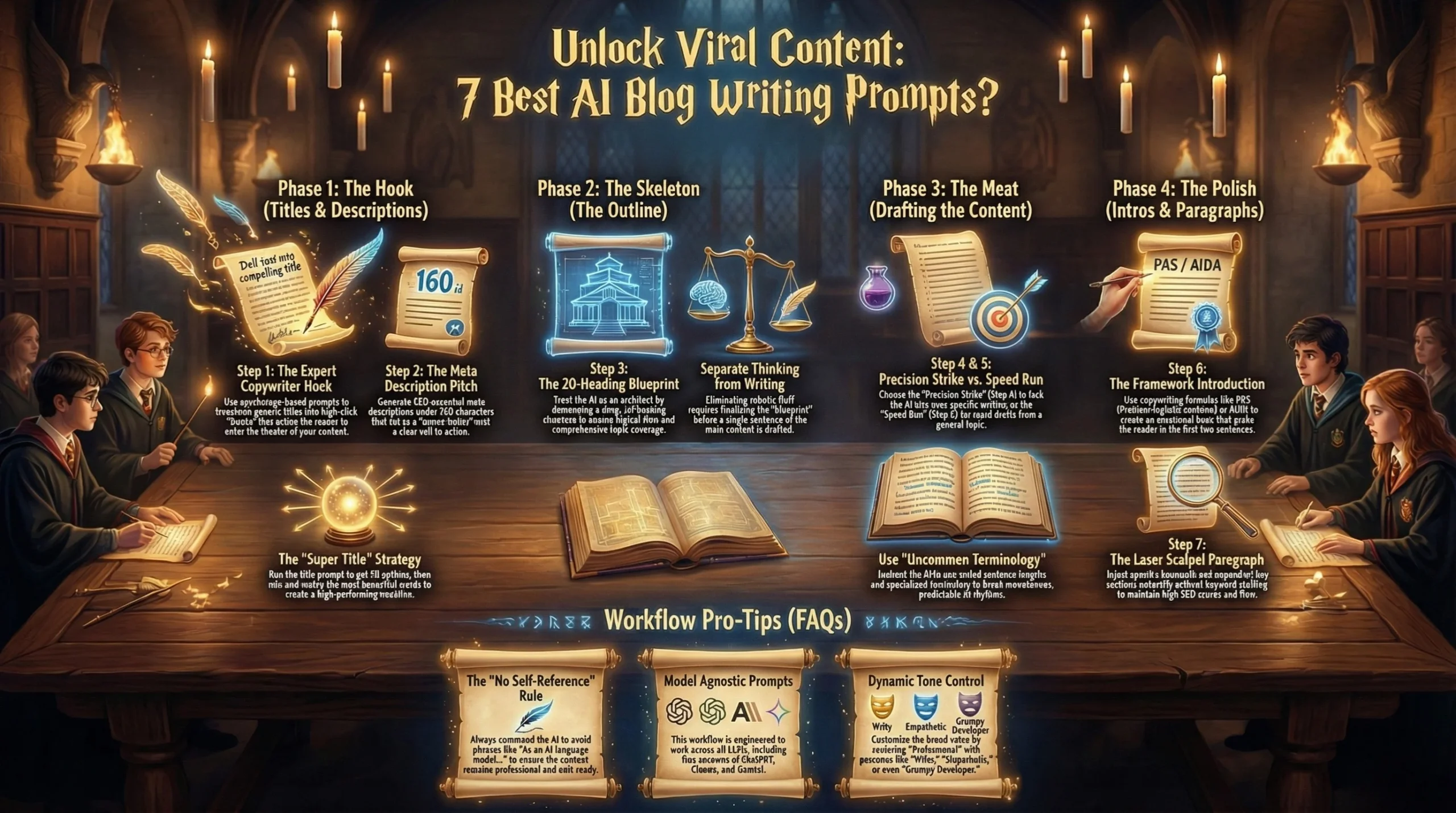 Harry Potter style magical library infographic visualizing AI Blog Writing Prompts as spells, featuring glowing scrolls for "The Hook" and a holographic blueprint for "The Skeleton."
