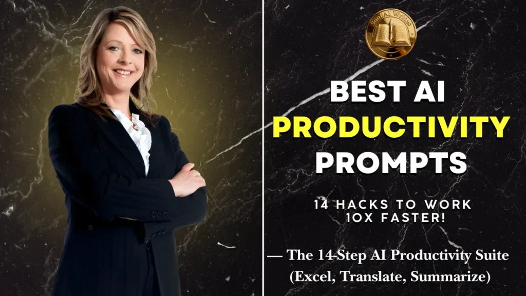 SoulAI Writes featured banner for the AI Productivity Prompts guide, showcasing a split-screen design with a smiling professional woman in a suit on the left, and bold yellow and white typography on a dark marble background with the official gold logo on the right.