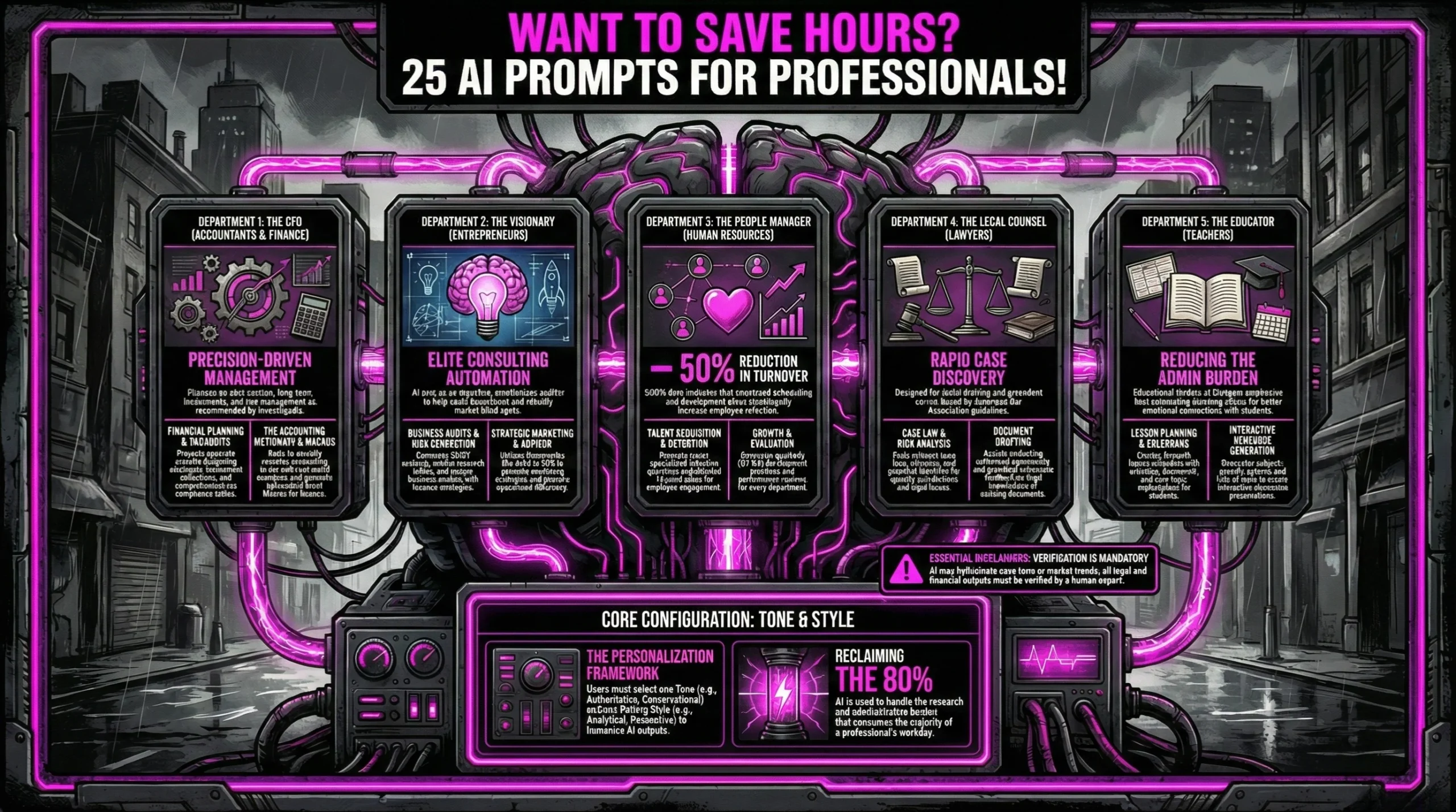 Neon-pink and black cyberpunk infographic showing a central digital brain connected to five department panels detailing AI prompts for The CFO (Finance), The Visionary (Entrepreneurs), The People Manager (HR), The Legal Counsel (Lawyers), and The Educator (Teachers), with a core Tone and Style configuration block at the bottom.