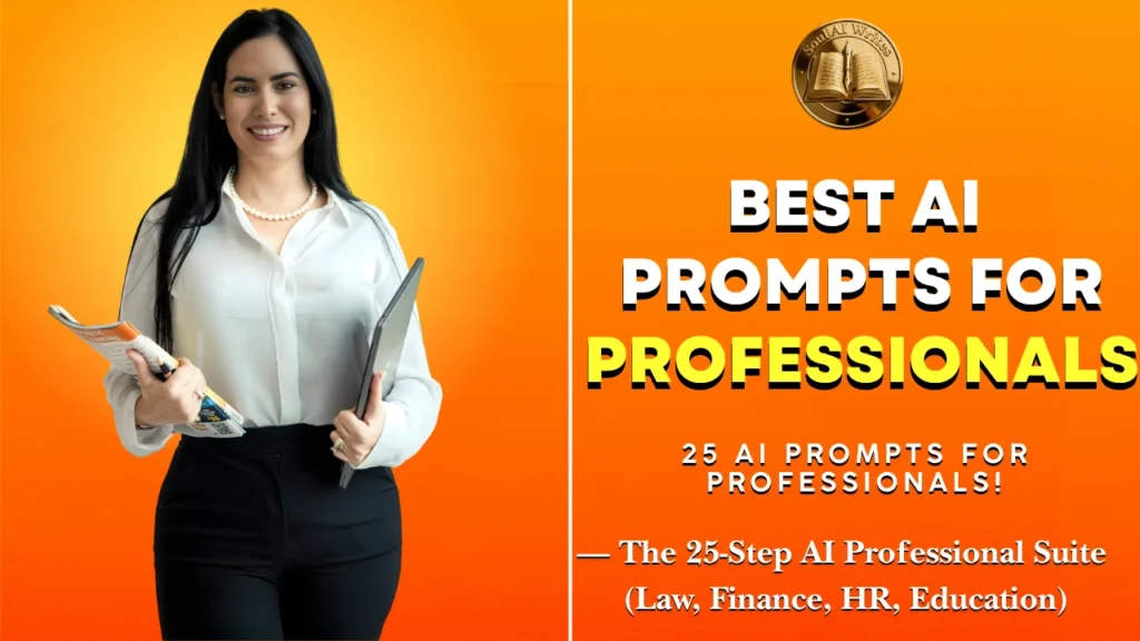 SoulAI Writes featured banner for the AI Prompts for Professionals guide, featuring a split-screen design with a smiling professional woman holding a laptop and documents against an orange gradient on the left, and bold black and white typography on a vibrant orange background with the official gold logo on the right.