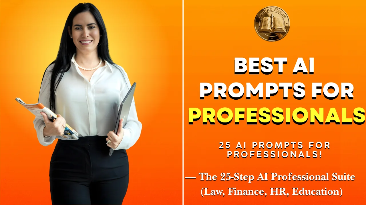SoulAI Writes featured banner for the AI Prompts for Professionals guide, featuring a split-screen design with a smiling professional woman holding a laptop and documents against an orange gradient on the left, and bold black and white typography on a vibrant orange background with the official gold logo on the right.
