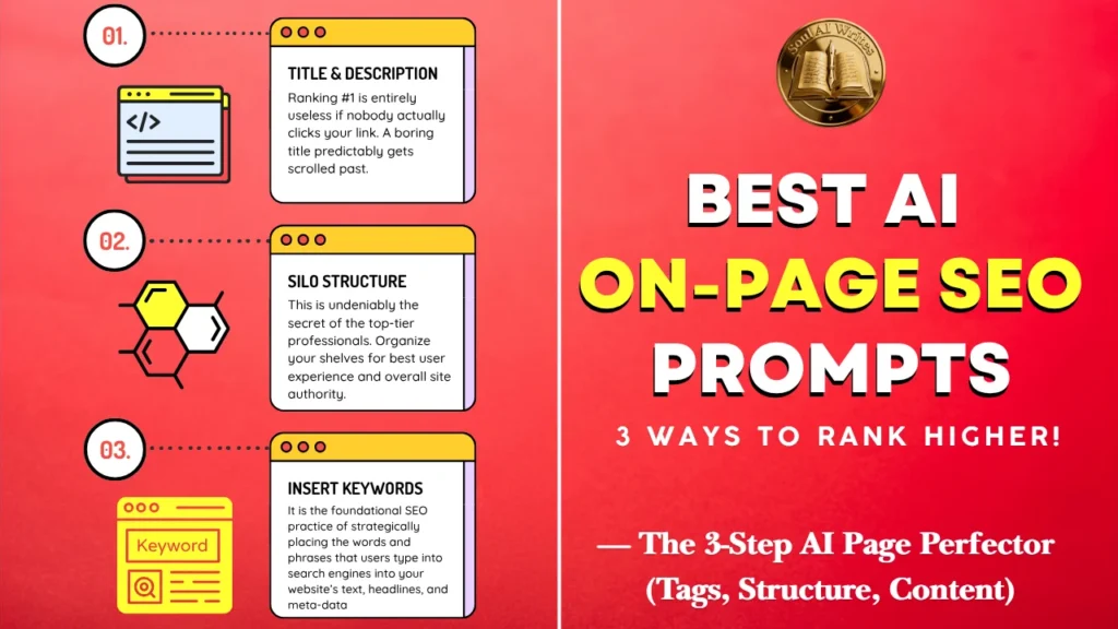 SoulAI Writes featured banner for the Best AI On-Page SEO Prompts guide, showcasing a split-screen design with three retro computer windows detailing title tags, silo structure, and keyword insertion on the left, alongside bold yellow and white typography on a vibrant red background with the official gold logo on the right.
