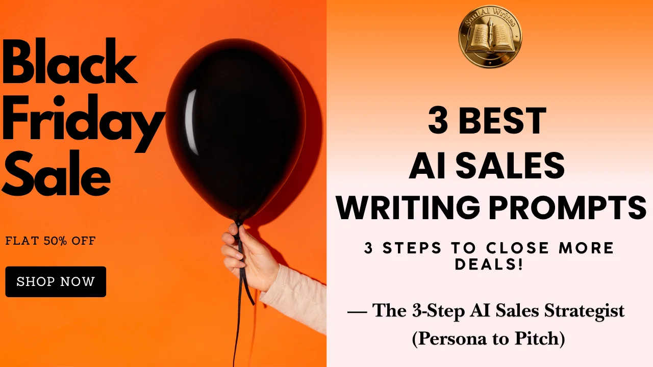 SoulAI Writes featured banner for the 3 Best AI Sales Writing Prompts, showcasing a split-screen design with a hand holding a black balloon for a Black Friday Sale against a bright orange background on the left, and bold black typography with the official gold logo on the right.