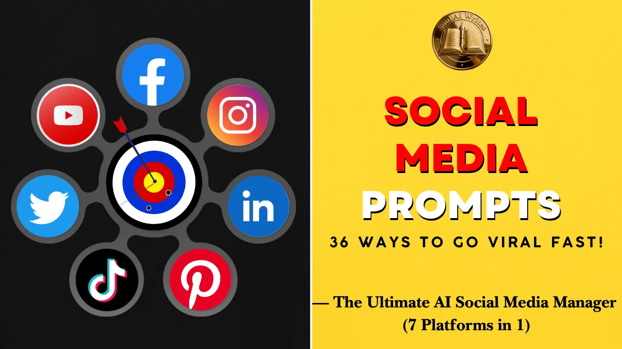 SoulAI Writes featured banner for the AI Social Media Prompts guide, showcasing a split-screen design with an arrow hitting a bullseye surrounded by 7 major social media icons on a dark background on the left, and bold red typography on a bright yellow background with the official gold logo on the right.