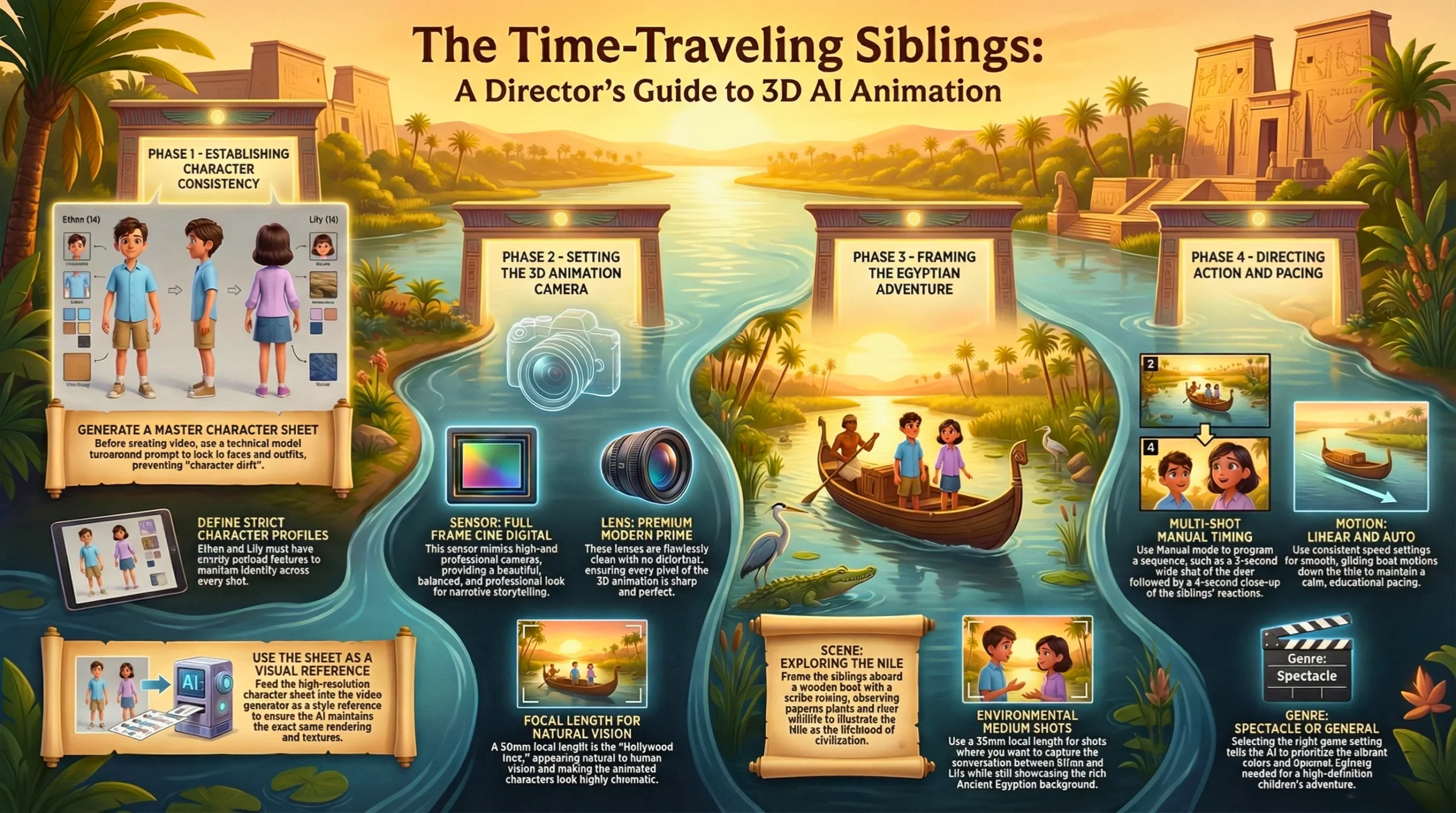 Educational infographic explaining the 3D AI animation workflow in Higgsfield Cinema Studio 2.0, featuring the Time-Traveling Siblings on a river in Ancient Egypt.