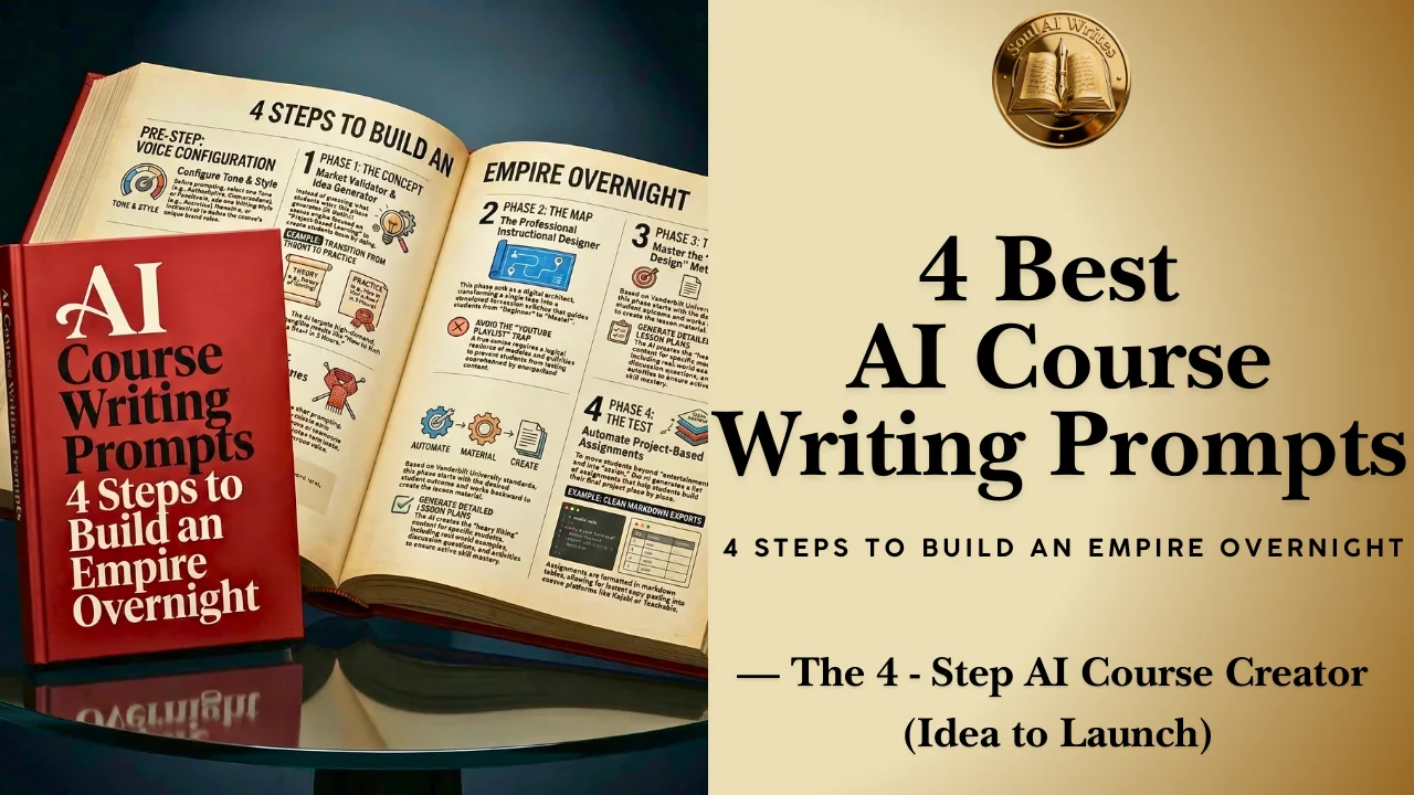 SoulAI Writes featured banner for the 4 Best AI Course Writing Prompts, showing a split-screen design with an open instructional book and a red course guide on the left, alongside bold typography and the official gold logo on the right.
