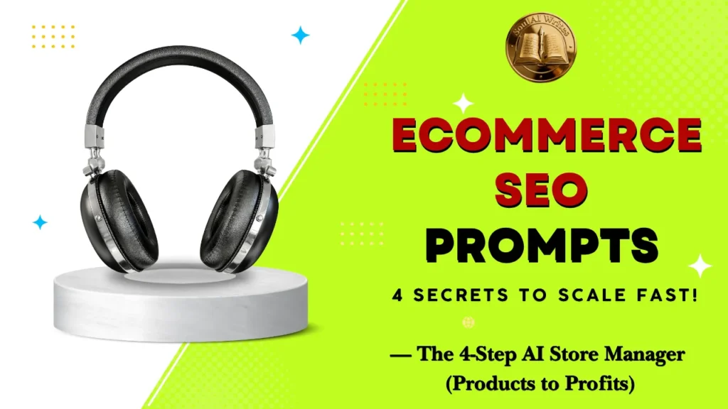 SoulAI Writes featured banner for the AI Ecommerce SEO Prompts guide, showcasing a split-screen design with premium black headphones resting on a white circular pedestal on the left, and bold red and black typography on a bright lime green background with the official gold logo on the right.