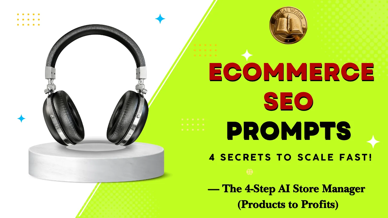 SoulAI Writes featured banner for the AI Ecommerce SEO Prompts guide, showcasing a split-screen design with premium black headphones resting on a white circular pedestal on the left, and bold red and black typography on a bright lime green background with the official gold logo on the right.