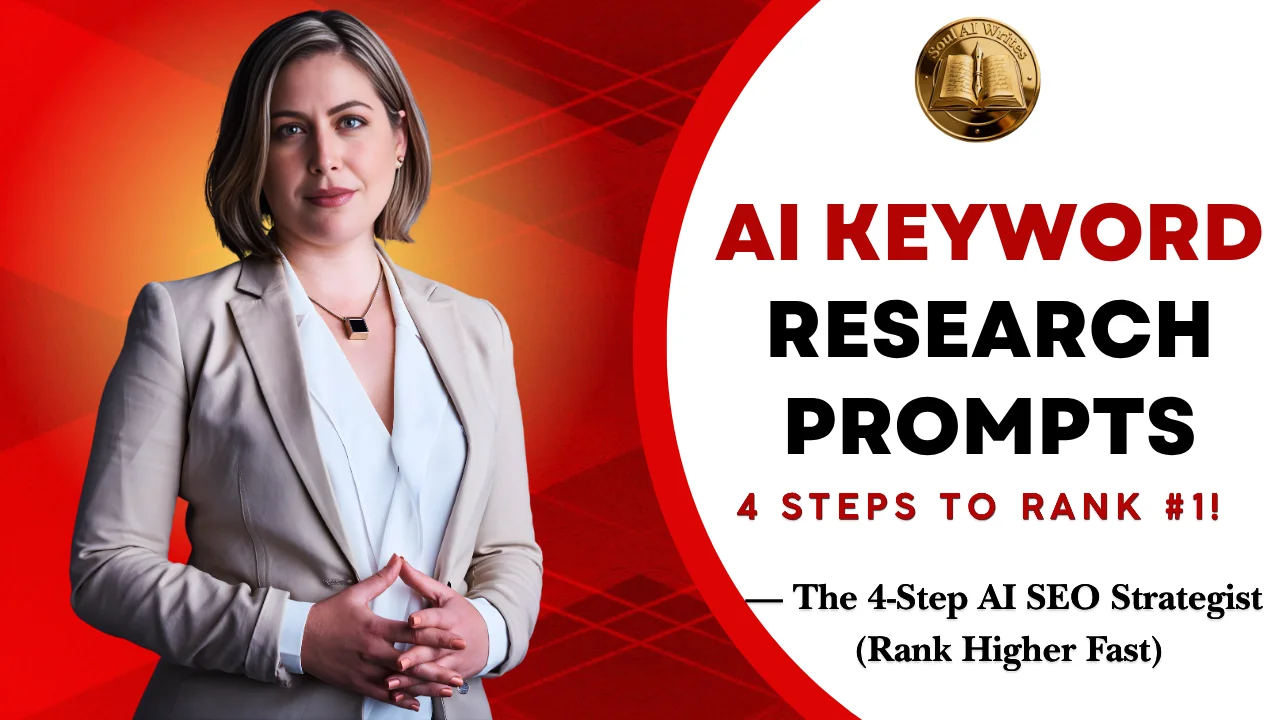 SoulAI Writes featured banner for the AI Keyword Research Prompts guide, showcasing a split-screen design with a professional woman in a blazer against a vibrant red geometric background on the left, and bold typography on a white curve with the official gold logo on the right.