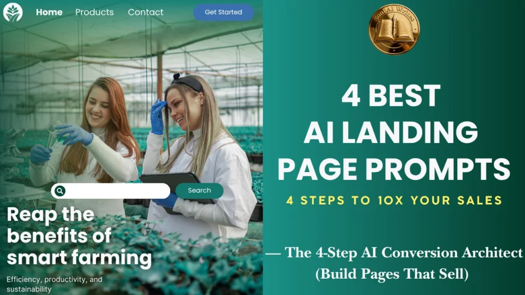 SoulAI Writes featured banner for the 4 Best AI Landing Page Prompts, featuring a split-screen design with two smiling women in a smart greenhouse on the left, and bold typography against a dark green background with the official gold logo on the right.
