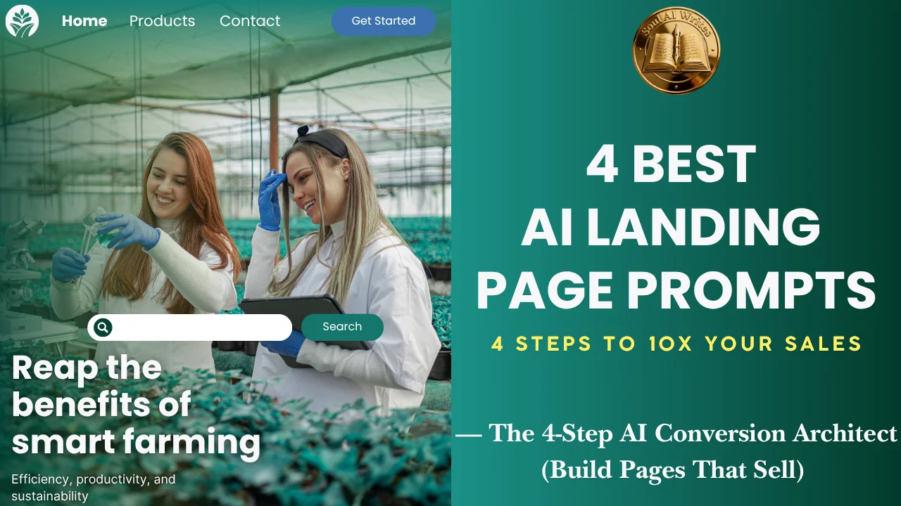 SoulAI Writes featured banner for the 4 Best AI Landing Page Prompts, featuring a split-screen design with two smiling women in a smart greenhouse on the left, and bold typography against a dark green background with the official gold logo on the right.