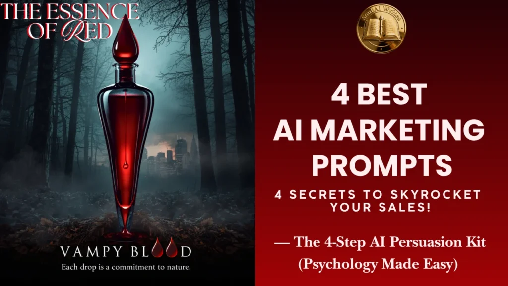 SoulAI Writes featured banner for the 4 Best AI Marketing Prompts, showcasing a split-screen design with a dramatic red potion bottle labeled 'Vampy Blood' in a dark forest on the left, and bold typography on a deep red background with the official gold logo on the right.