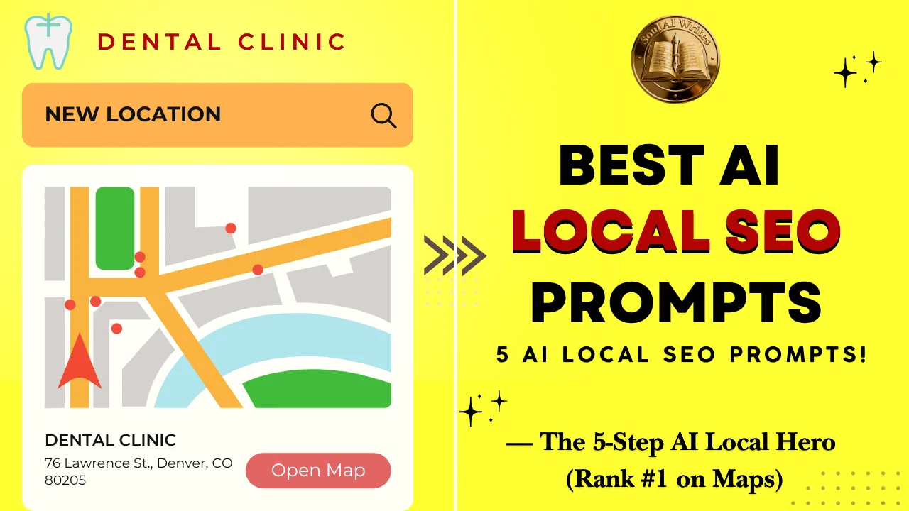 SoulAI Writes featured banner for the Best AI Local SEO Prompts guide, showcasing a split-screen design with a digital map interface for a Denver dental clinic on the left, and bold red and black typography on a bright yellow background with the official gold logo on the right.