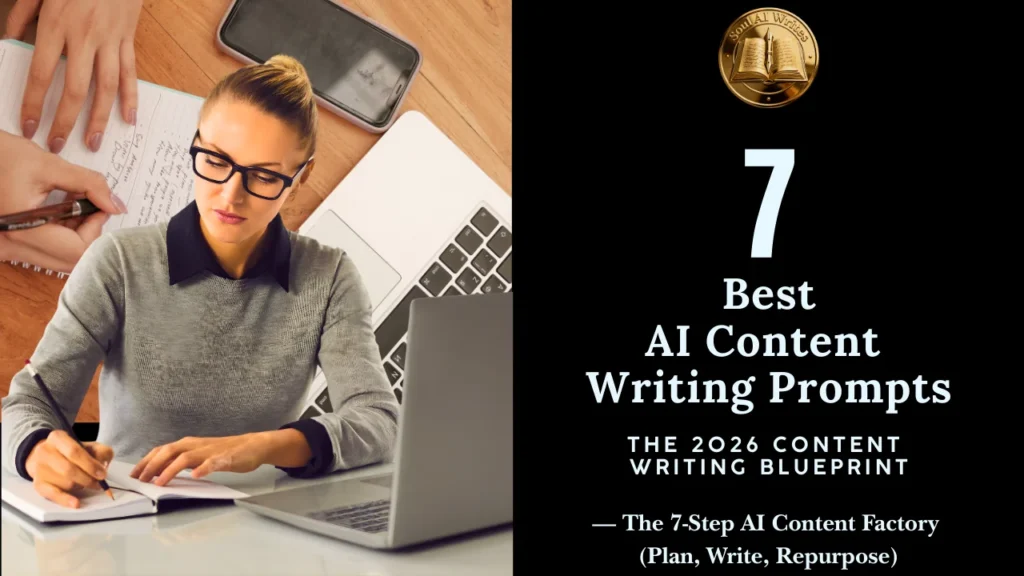 SoulAI Writes featured banner for the 7 Best AI Content Writing Prompts, displaying a split-screen design with a professional writer working on a laptop alongside the official gold logo and the "2026 Content Writing Blueprint" title.
