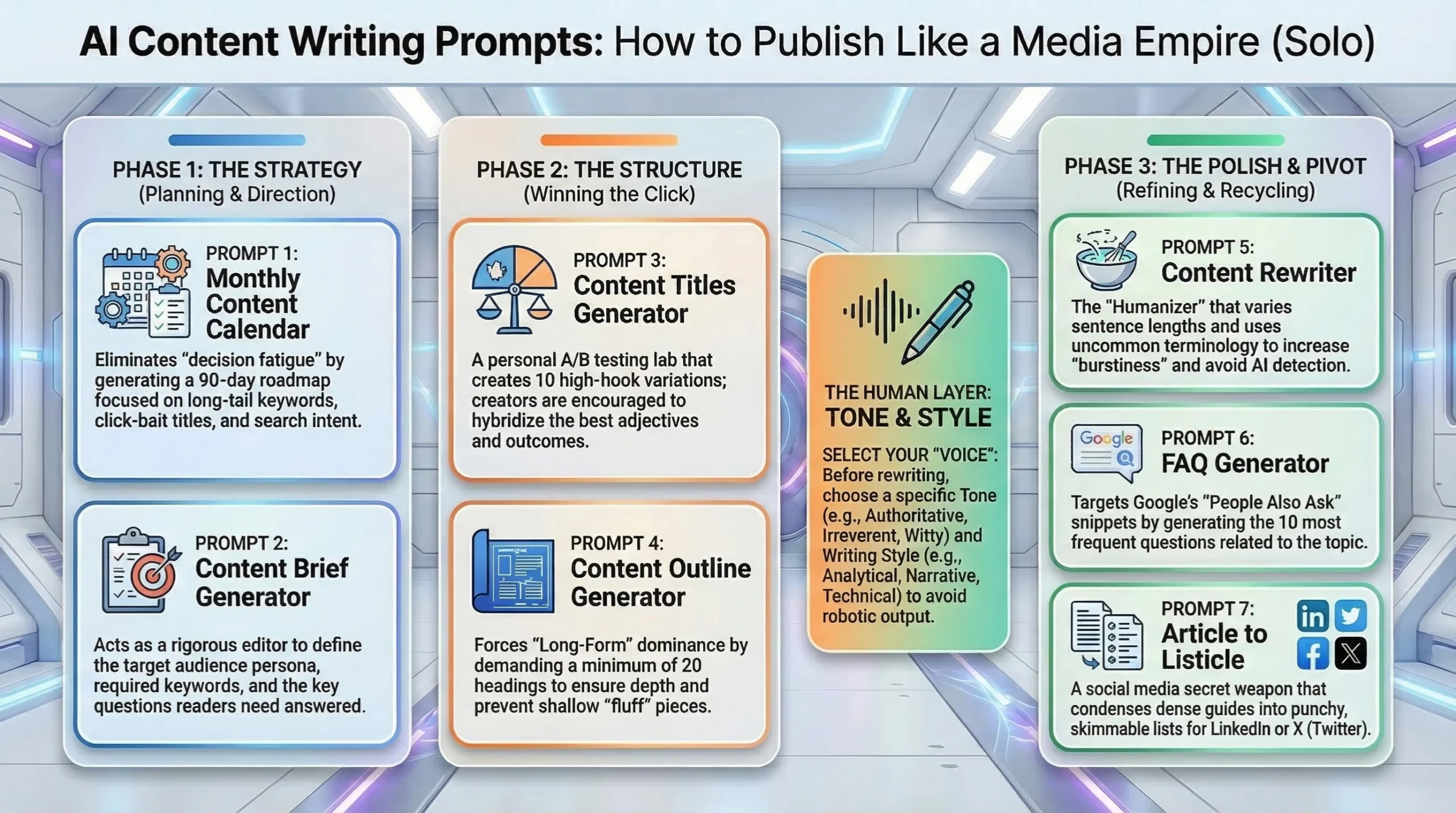 Infographic detailing a 7-step AI content writing prompt framework divided into strategy, structure, and polishing phases, including a central "Human Layer" for tone and style.