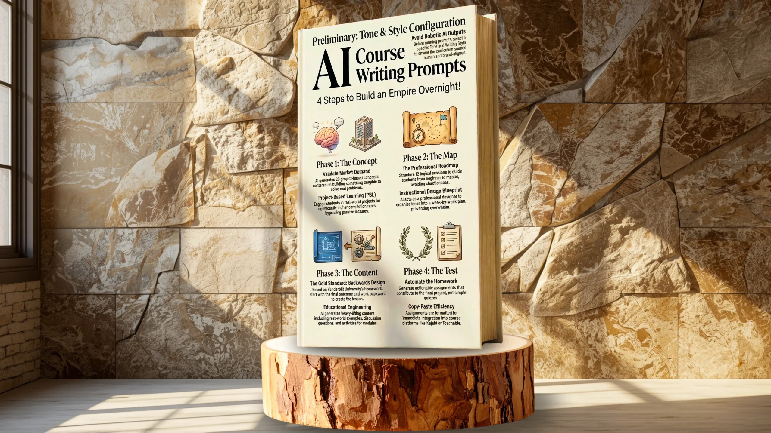 3D rendering of an instructional book standing on a wooden pedestal against a sunlit stone wall, displaying an infographic cover titled "AI Course Writing Prompts" with a detailed 4-step blueprint covering the concept, map, content, and testing phases.
