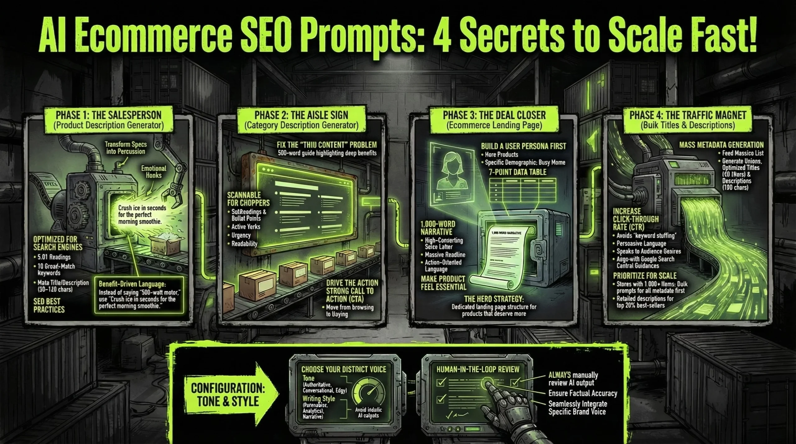 Industrial factory-themed infographic illustrating a 4-step AI ecommerce SEO prompt framework, featuring conveyor belt phases for The Salesperson (Product Descriptions), The Aisle Sign (Category Descriptions), The Deal Closer (Landing Pages), and The Traffic Magnet (Bulk Metadata), highlighted with neon green accents.