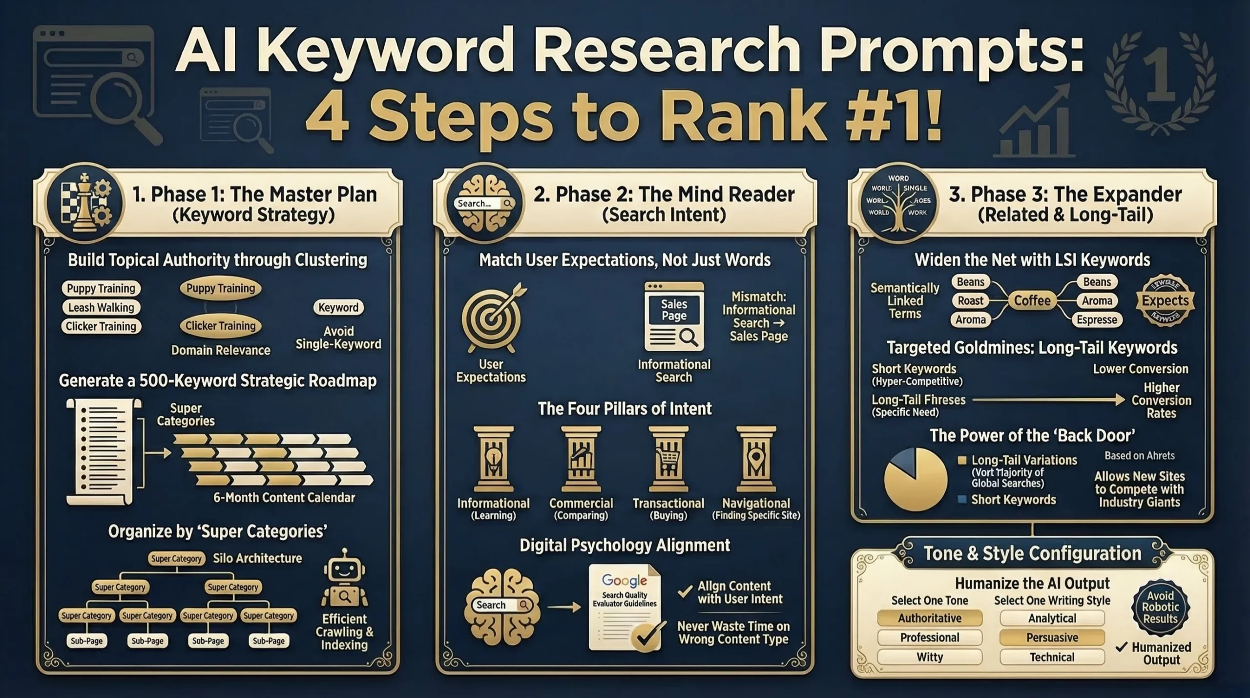 Detailed infographic illustrating a multi-step AI keyword research prompt framework, featuring phases for The Master Plan (Keyword Strategy), The Mind Reader (Search Intent), and The Expander (Related & Long-Tail), displayed on a dark blue background with gold icons and a tone configuration section.