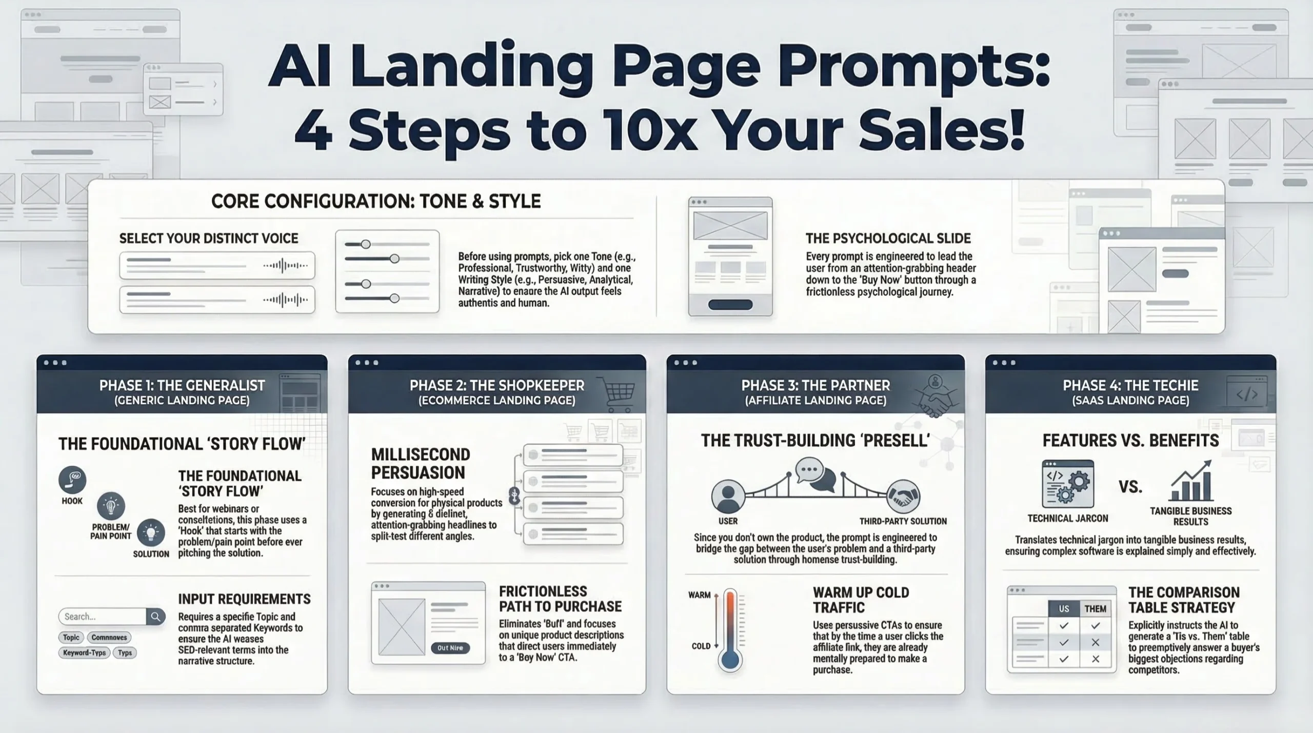 Structural wireframe infographic illustrating four AI landing page prompt frameworks, detailing core configurations, the foundational story flow, millisecond persuasion, and comparison table strategies.