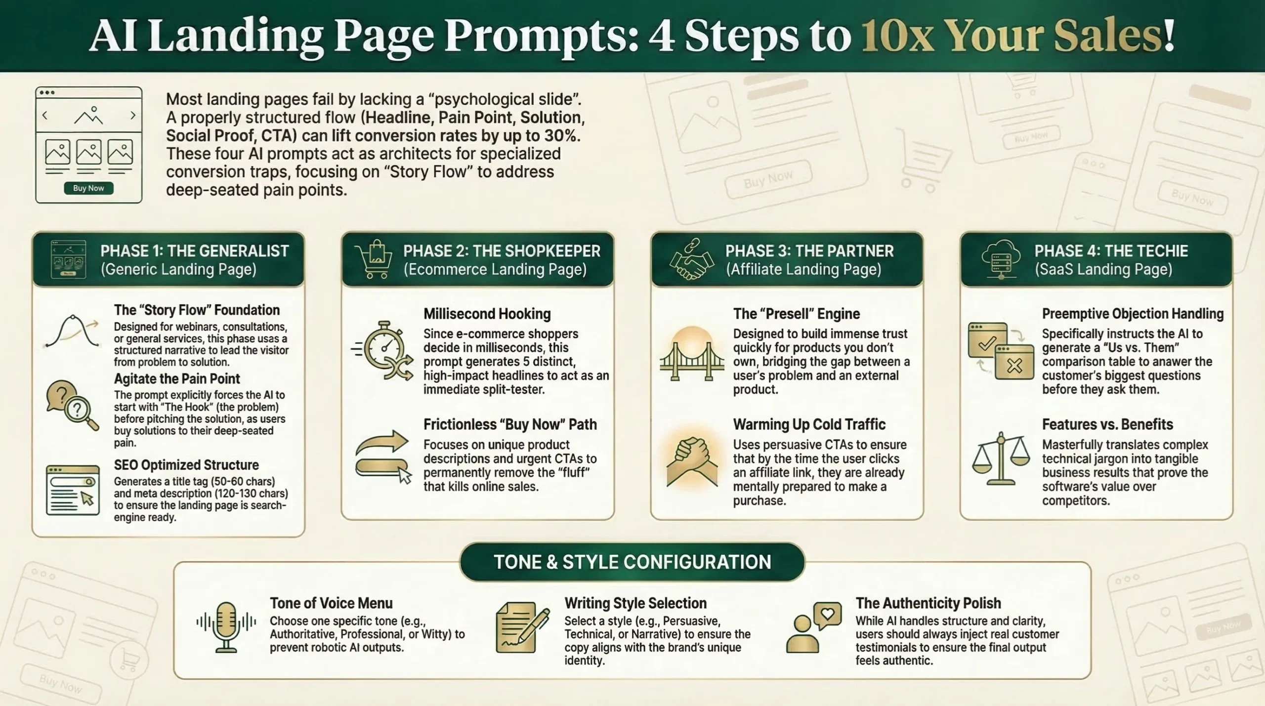 Detailed infographic displaying a 4-step AI landing page prompt framework, outlining strategies for generic, ecommerce, affiliate, and SaaS pages, complete with a tone and style configuration section.