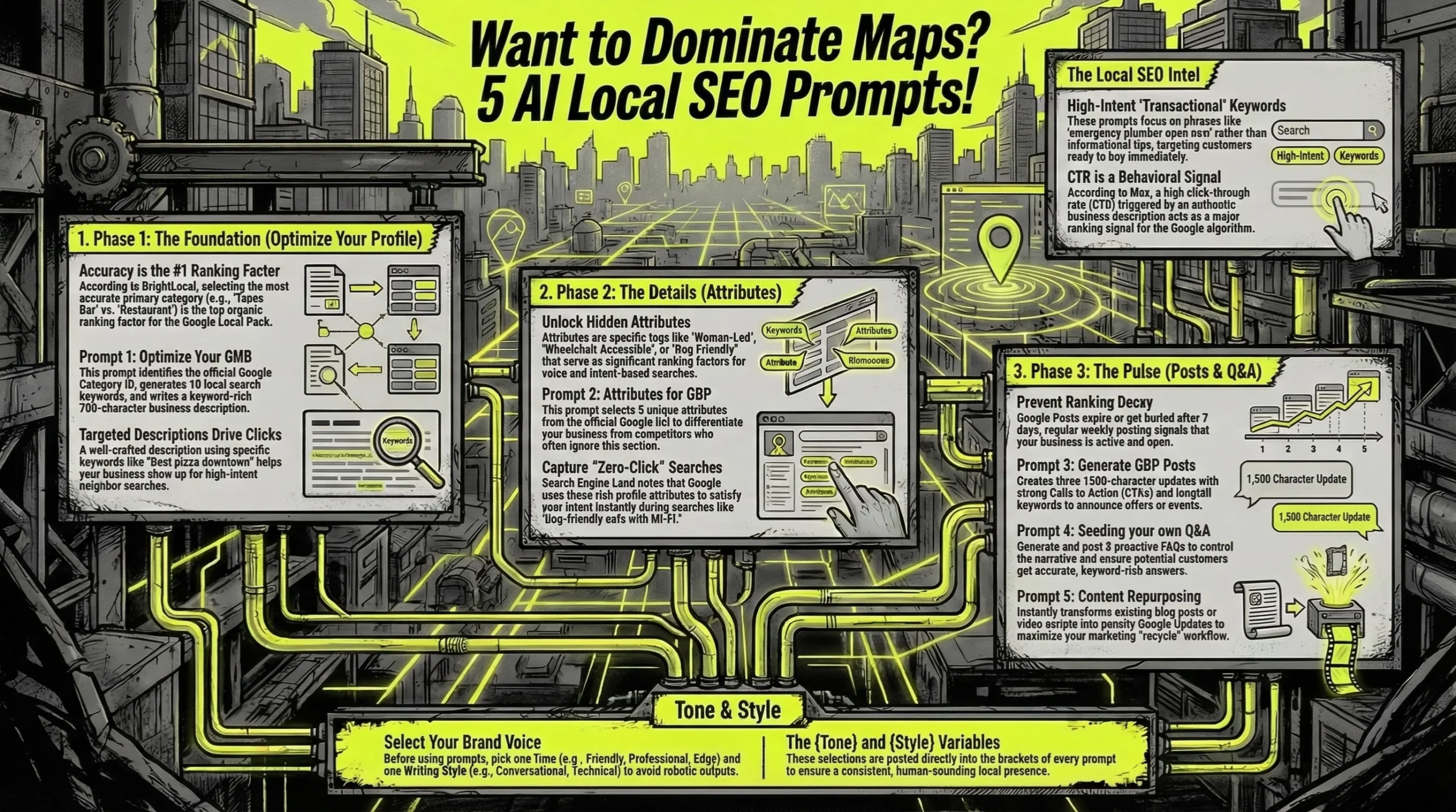 Comic-book style industrial infographic detailing a 5-step AI local SEO prompt framework, featuring interconnected neon green phases for The Foundation (Profile Optimization), The Details (Attributes), and The Pulse (Posts & Q&A) set against a digital city landscape.