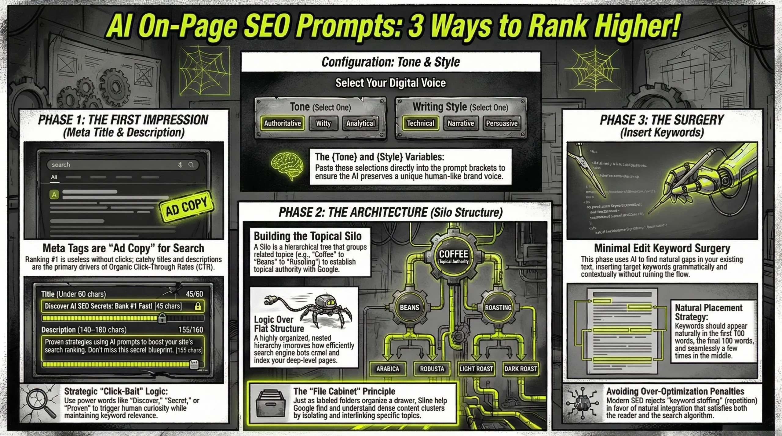 Comic-book style technical infographic outlining a 3-step AI on-page SEO prompt framework, featuring interconnected phases for The First Impression (Meta Title & Description), The Architecture (Silo Structure), and The Surgery (Insert Keywords), all highlighted with neon yellow-green accents.