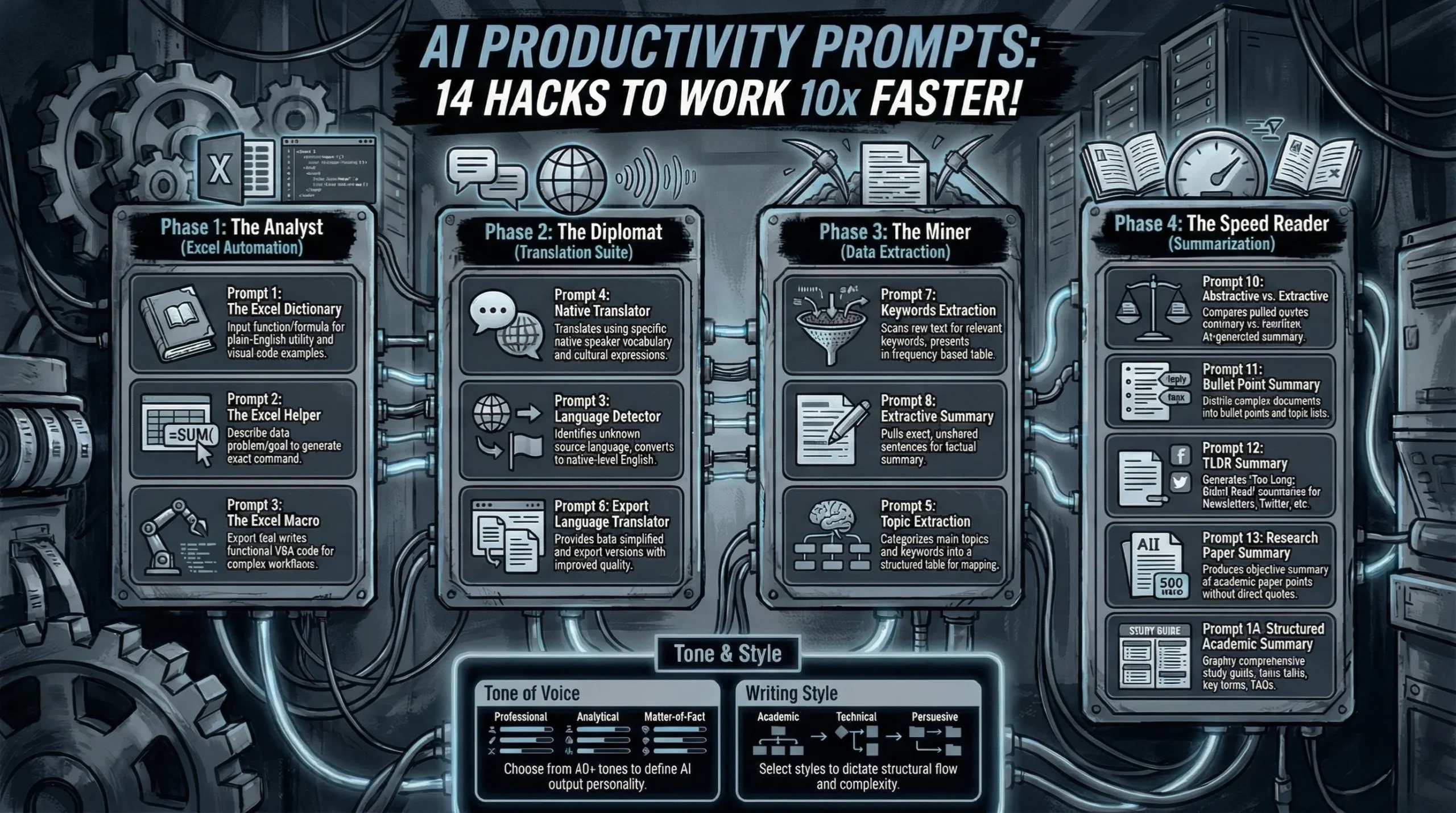 Industrial tech-dashboard infographic detailing a 14-step AI productivity prompt framework, featuring wired panels for The Analyst (Excel Automation), The Diplomat (Translation Suite), The Miner (Data Extraction), and The Speed Reader (Summarization), with a Tone and Style configuration section at the base.