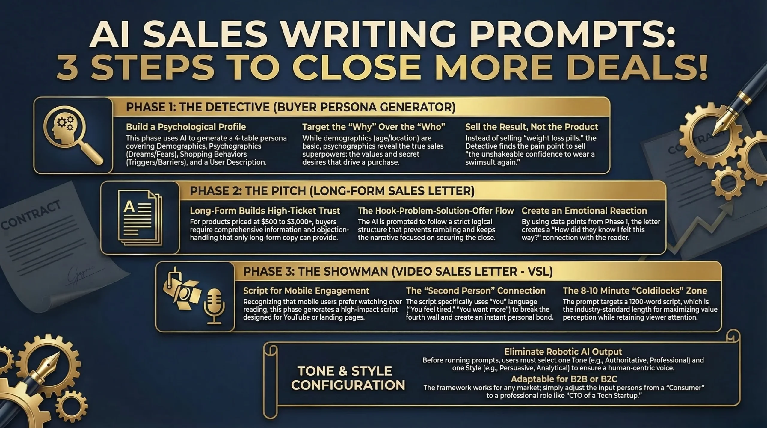 Detailed infographic outlining a 3-step AI sales writing prompt framework, featuring phases for The Detective (Buyer Persona Generator), The Pitch (Long-Form Sales Letter), and The Showman (Video Sales Letter), displayed on a dark navy background with gold gear and fountain pen accents.